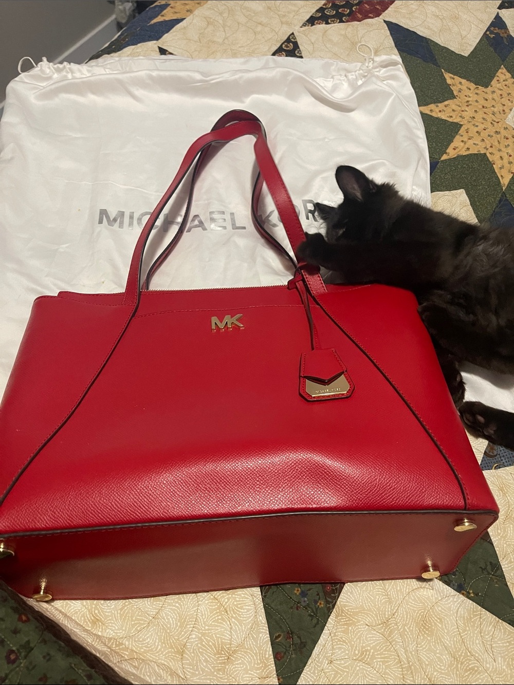Michael Kors Red Saffiano Leather Tote with Gold Hardware